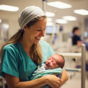 side view nurse holding baby